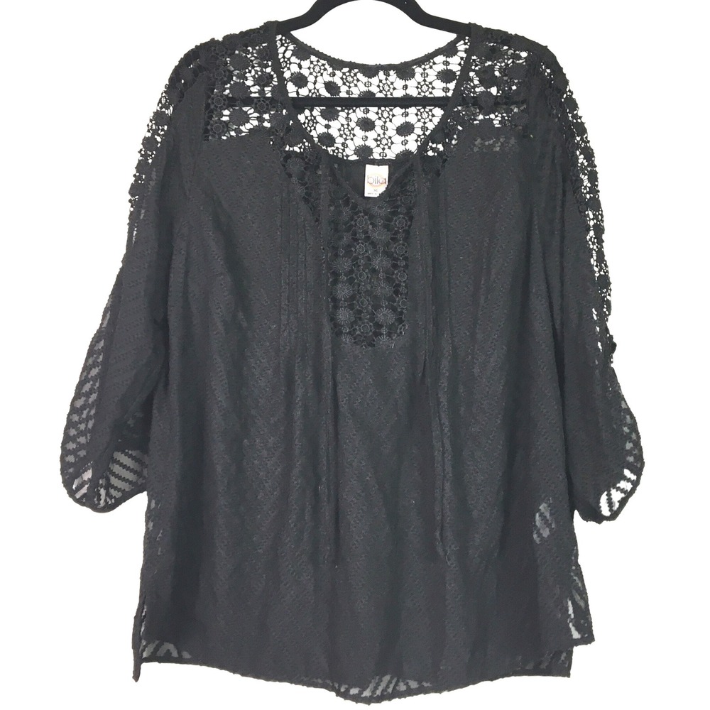 Bila Crochet Lace V-Neck Chevron Textured Blouse XL Black